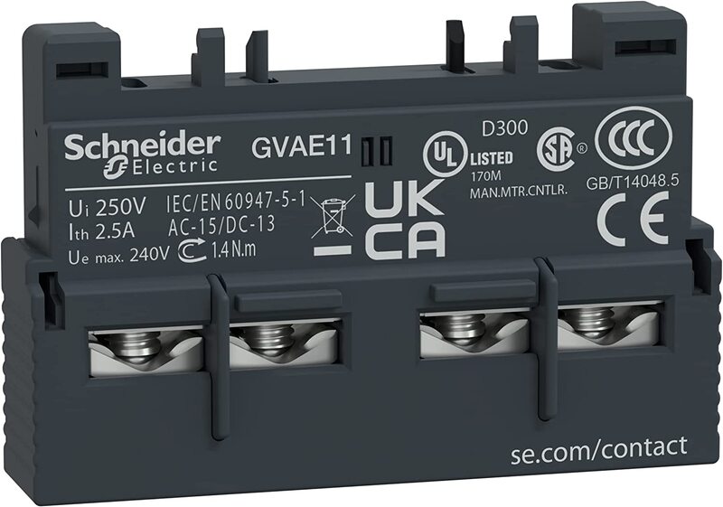 

Schneider Electric GVAE11 1 NO + 1 NC GV2 Auxiliary Contact Breaker TeSys, 5.1 x 8.3 x 1.6cm, Black