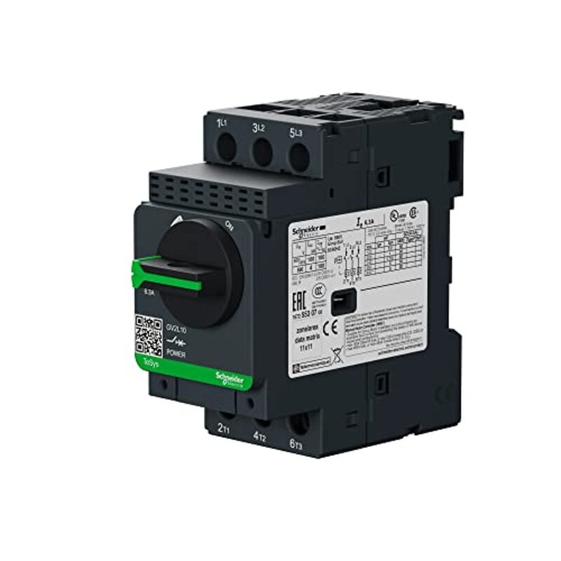 Schneider Electric TeSys Deca Motor Circuit Breaker with Magnetic Rotary Handle & Screw Clamp Terminals, TeSys GV2, 3P, 6.3A, GV2L10, Black