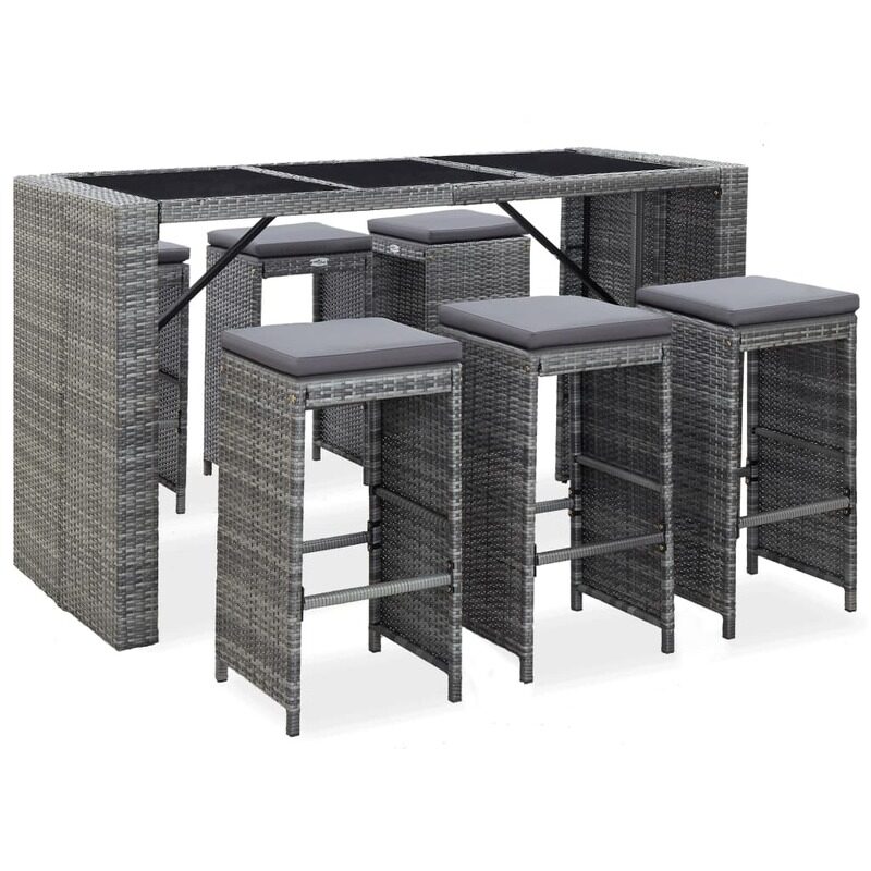 

vidaXL 7 Piece Garden Bar Set with Cushions Poly Rattan Grey