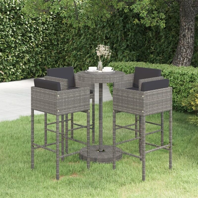 

vidaXL 5 Piece Garden Bar Set with Cushions Poly Rattan Grey