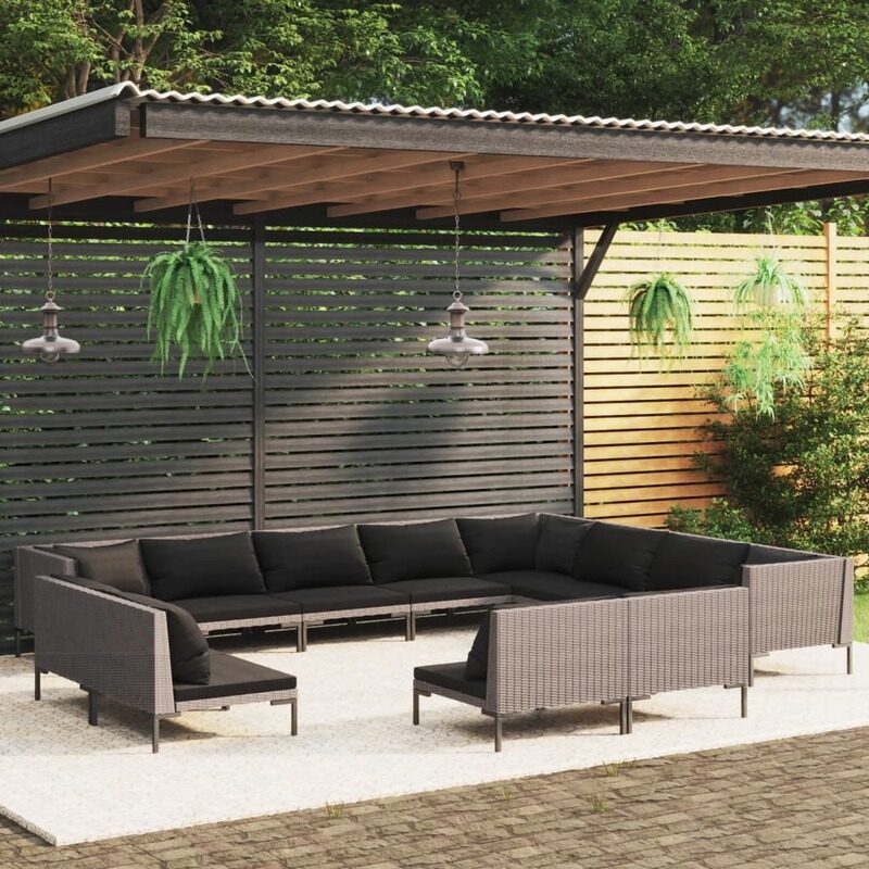 vidaXL 12 Piece Garden Lounge Set with Cushions Poly Rattan Dark Grey