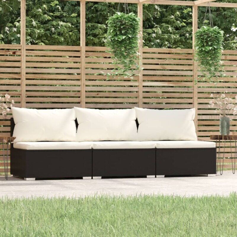 

vidaXL 3-Seater Sofa with Cushions Black Poly Rattan