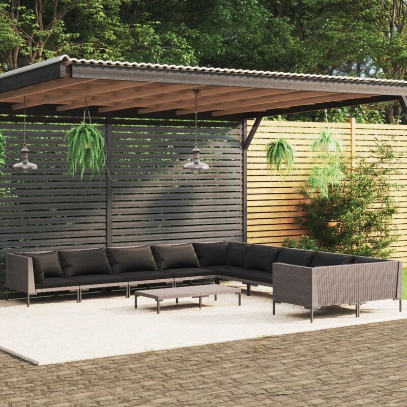 vidaXL 10 Piece Garden Lounge Set with Cushions Poly Rattan Dark Grey