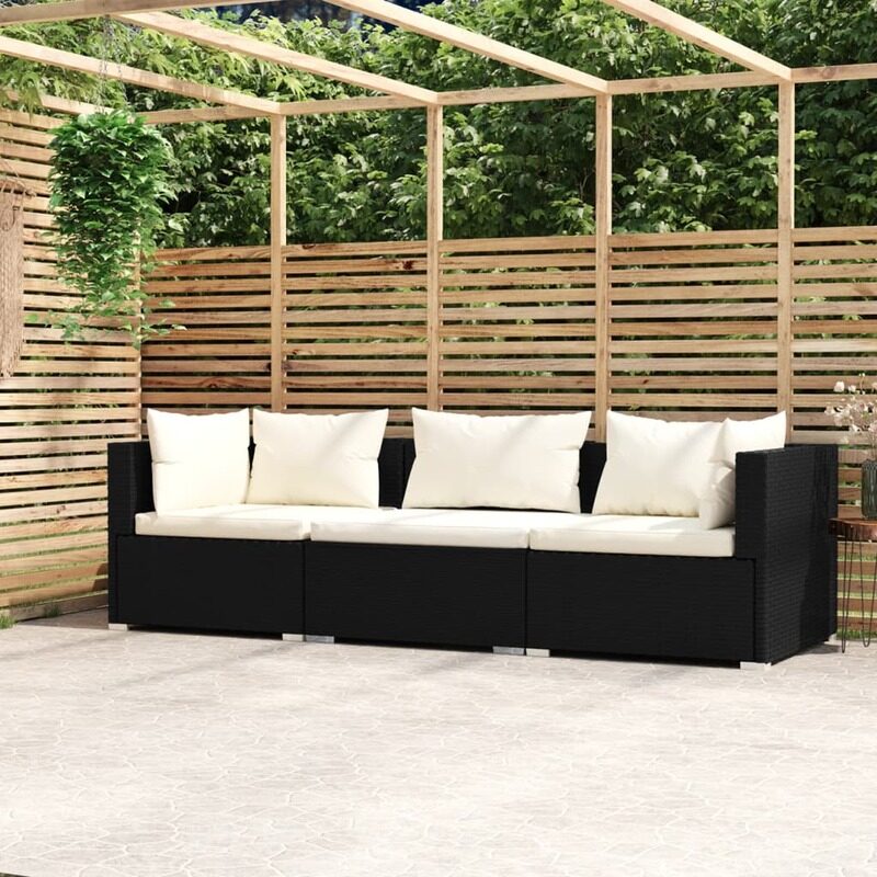 

vidaXL 3-Seater Sofa with Cushions Black Poly Rattan