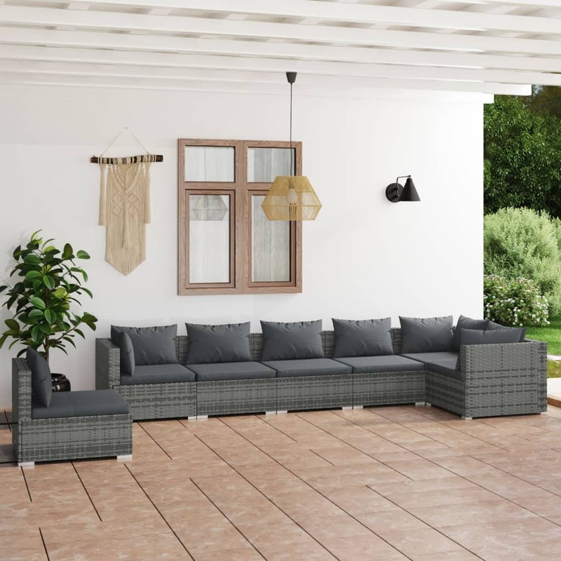 vidaXL 7 Piece Garden Lounge Set with Cushions Poly Rattan Grey