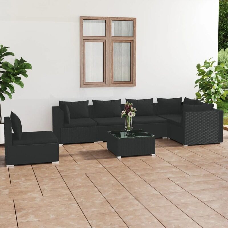 

vidaXL 7 Piece Garden Lounge Set with Cushions Poly Rattan Black