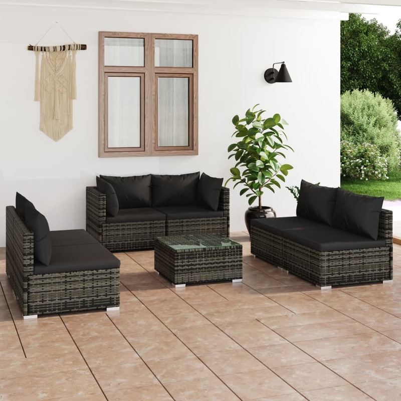 vidaXL 7 Piece Garden Lounge Set with Cushions Poly Rattan Grey