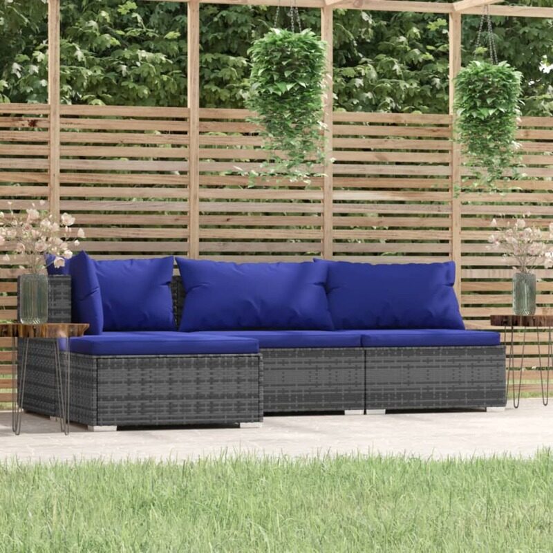 

vidaXL 4 Piece Garden Lounge Set with Cushions Grey Poly Rattan