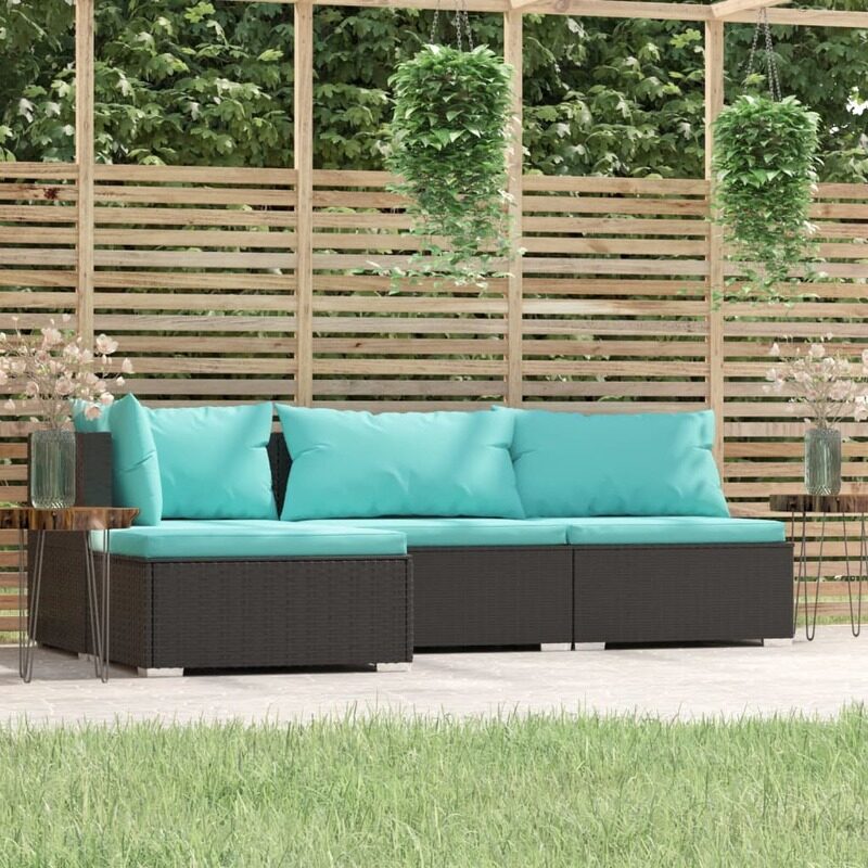 

vidaXL 4 Piece Garden Lounge Set with Cushions Black Poly Rattan