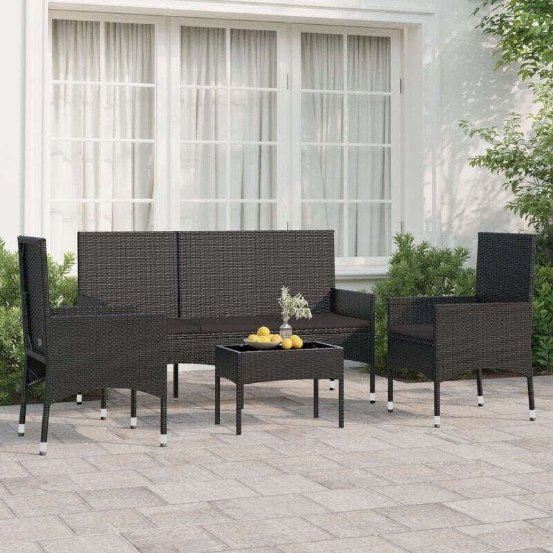 

vidaXL 4 Piece Garden Lounge Set with Cushions Black Poly Rattan