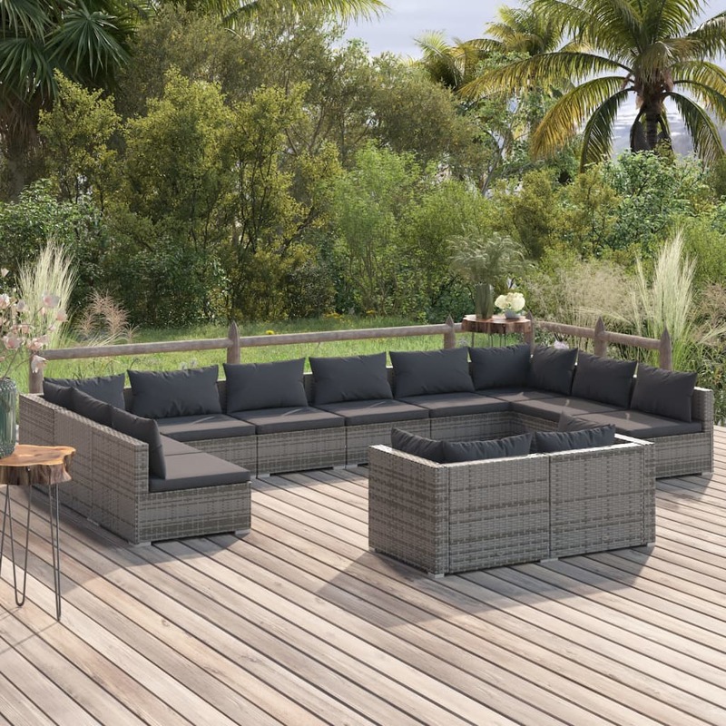vidaXL 12 Piece Garden Lounge Set with Cushions Grey Poly Rattan