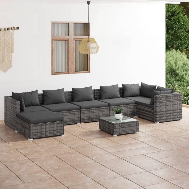 vidaXL 8 Piece Garden Lounge Set with Cushions Poly Rattan Grey