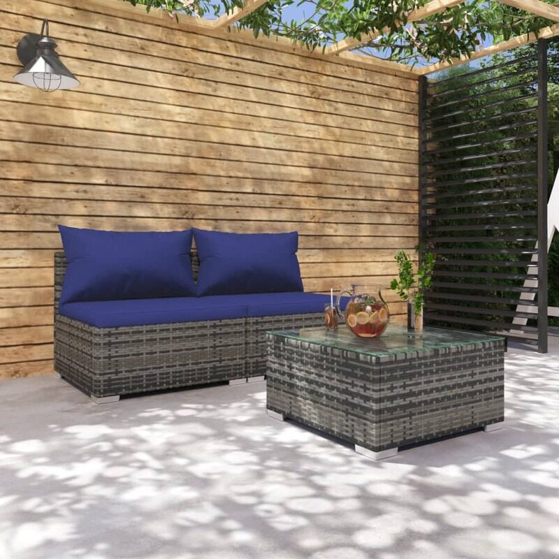 

vidaXL 3 Piece Garden Lounge Set with Cushions Poly Rattan Grey