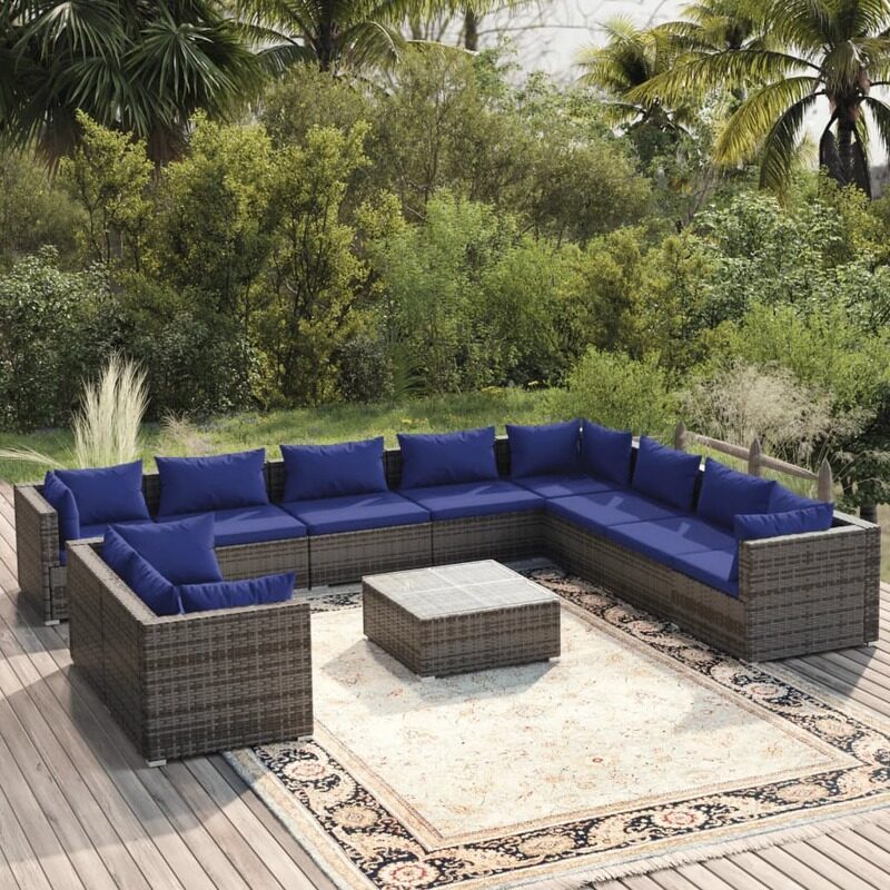 vidaXL 11 Piece Garden Lounge Set with Cushions Grey Poly Rattan