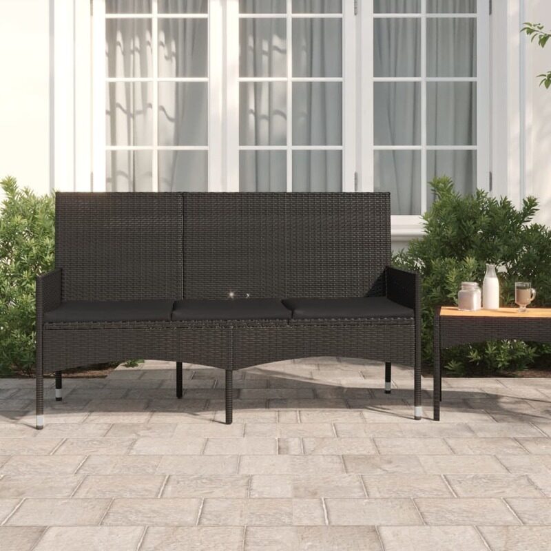 

vidaXL 3-Seater Garden Bench with Cushions Black Poly Rattan