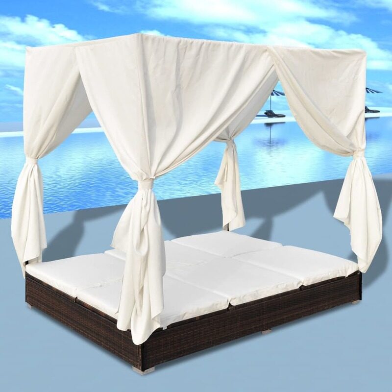 

vidaXL Outdoor Lounge Bed with Curtains Poly Rattan Brown