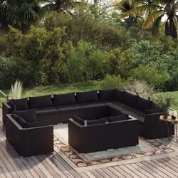 vidaXL 12 Piece Garden Lounge Set with Cushions Black Poly Rattan