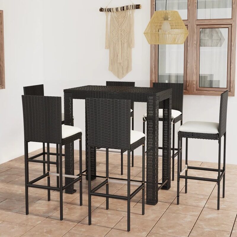

vidaXL 7 Piece Outdoor Bar Set with Cushions Poly Rattan Black