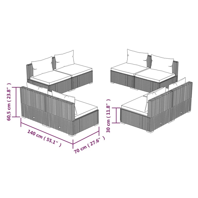 vidaXL 8 Piece Garden Lounge Set with Cushions Poly Rattan Grey