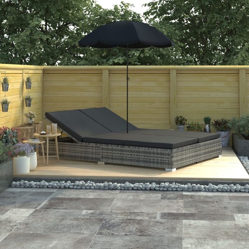 

vidaXL Outdoor Lounge Bed with Umbrella Poly Rattan Grey
