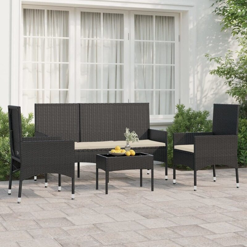 

vidaXL 4 Piece Garden Lounge Set with Cushions Black Poly Rattan