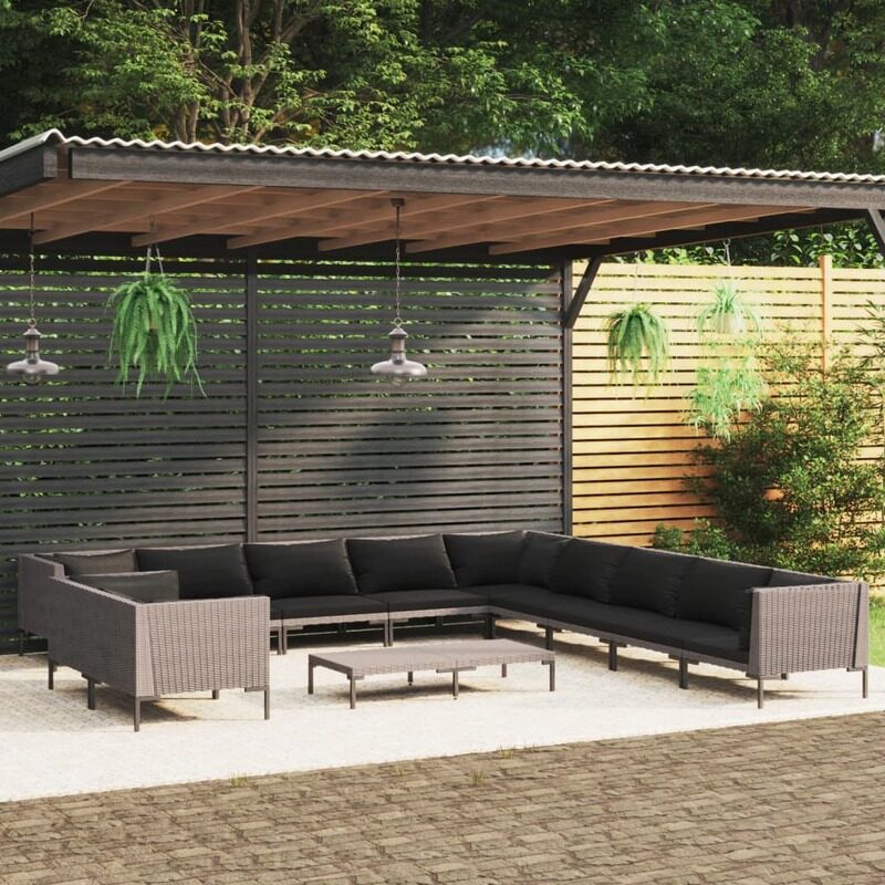 vidaXL 12 Piece Garden Lounge Set with Cushions Poly Rattan Dark Grey