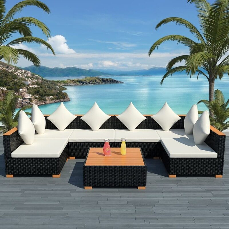 

vidaXL 7 Piece Garden Lounge Set with Cushions Poly Rattan Black