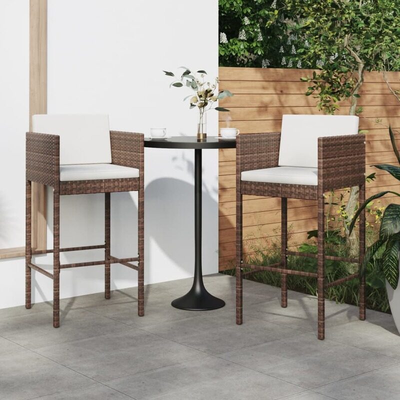 

vidaXL Bar Stools 2 pcs with Cushions Brown Poly Rattan