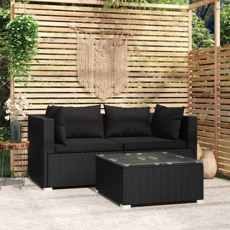 

vidaXL 3 Piece Garden Lounge Set with Cushions Black Poly Rattan