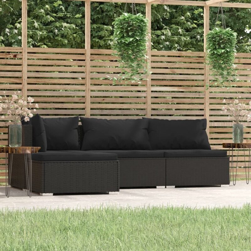 

vidaXL 4 Piece Garden Lounge Set with Cushions Black Poly Rattan