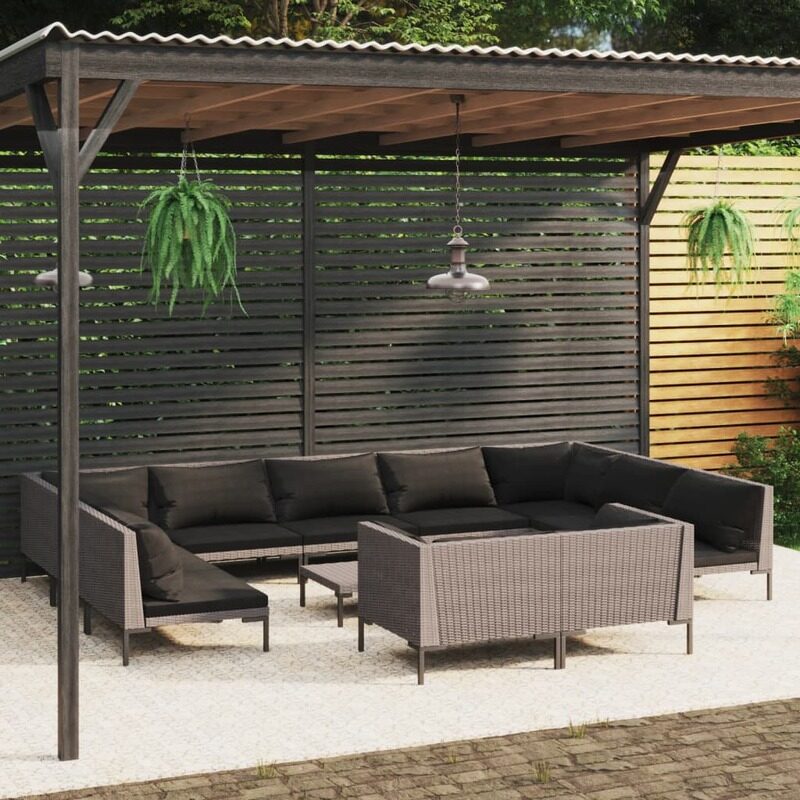 vidaXL 12 Piece Garden Lounge Set with Cushions Poly Rattan Dark Grey