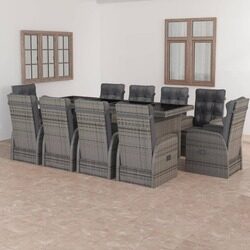 vidaXL 11 Piece Outdoor Dining Set with Cushions Poly Rattan Grey