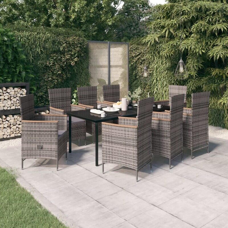 vidaXL 9 Piece Garden Dining Set with Cushions Grey