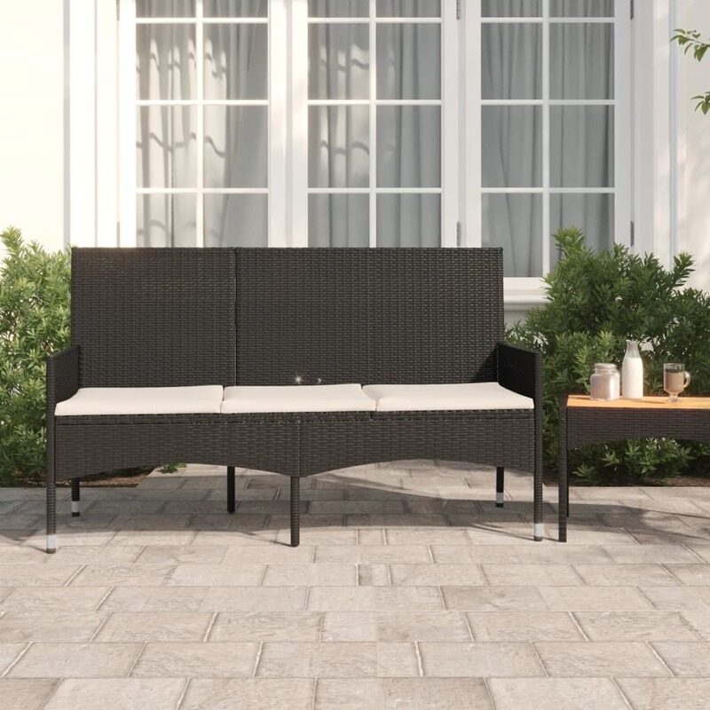 

vidaXL 3-Seater Garden Bench with Cushions Black Poly Rattan