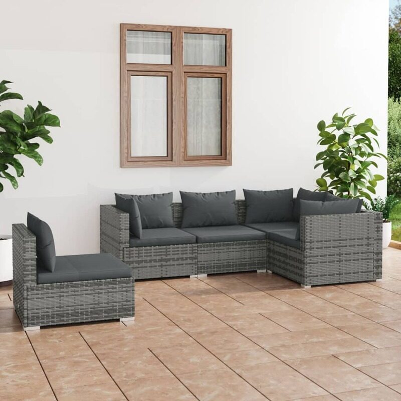 

vidaXL 5 Piece Garden Lounge Set with Cushions Poly Rattan Grey