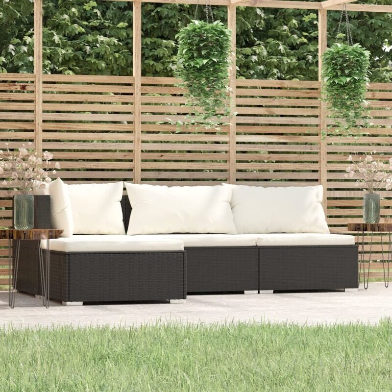 

vidaXL 4 Piece Garden Lounge Set with Cushions Black Poly Rattan