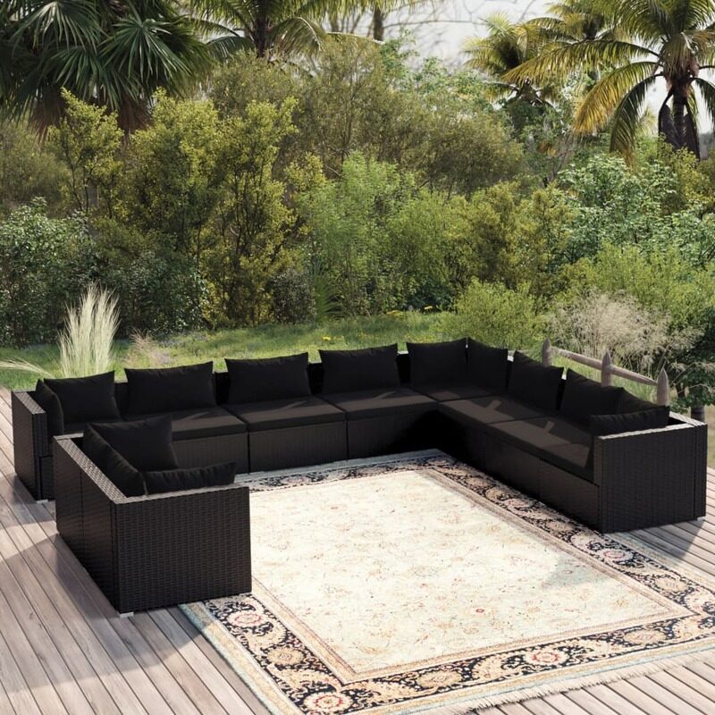 

vidaXL 10 Piece Garden Lounge Set with Cushions Black Poly Rattan