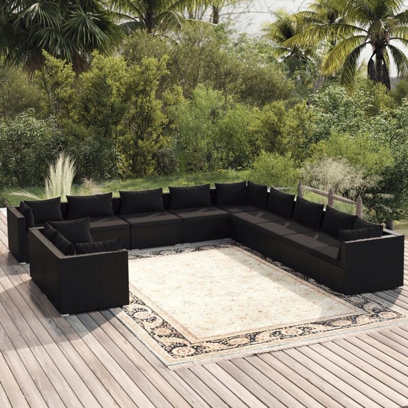 vidaXL 11 Piece Garden Lounge Set with Cushions Black Poly Rattan