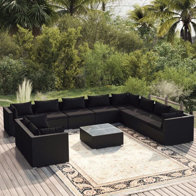 

vidaXL 11 Piece Garden Lounge Set with Cushions Black Poly Rattan