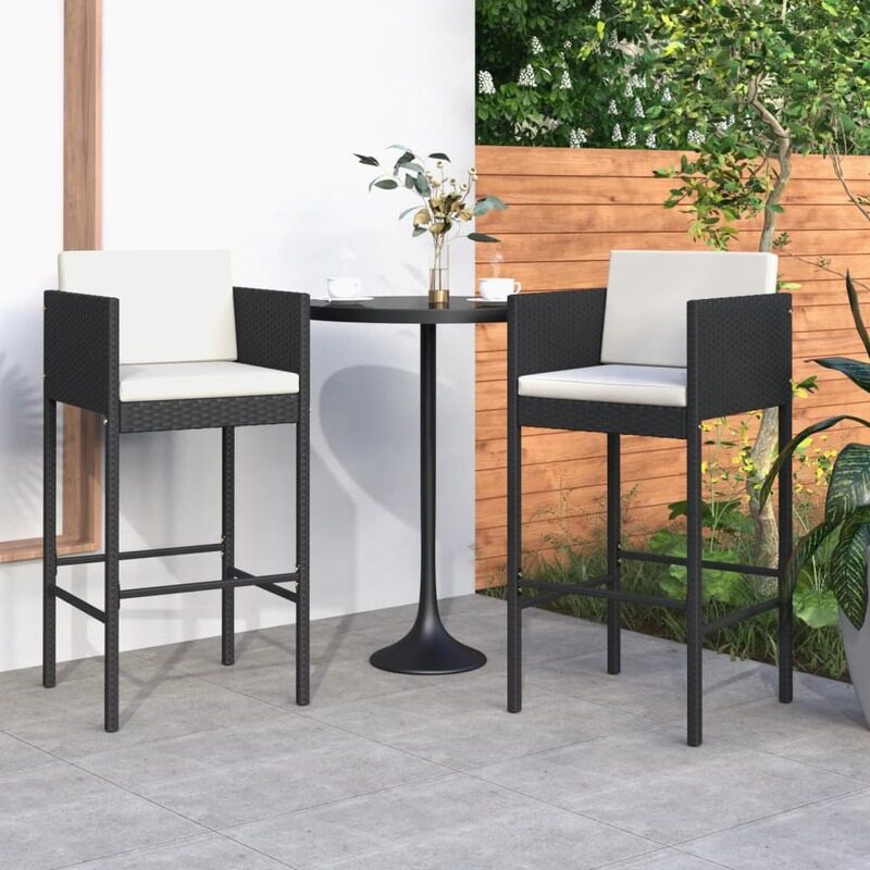 

vidaXL Bar Stools 2 pcs with Cushions Black Poly Rattan