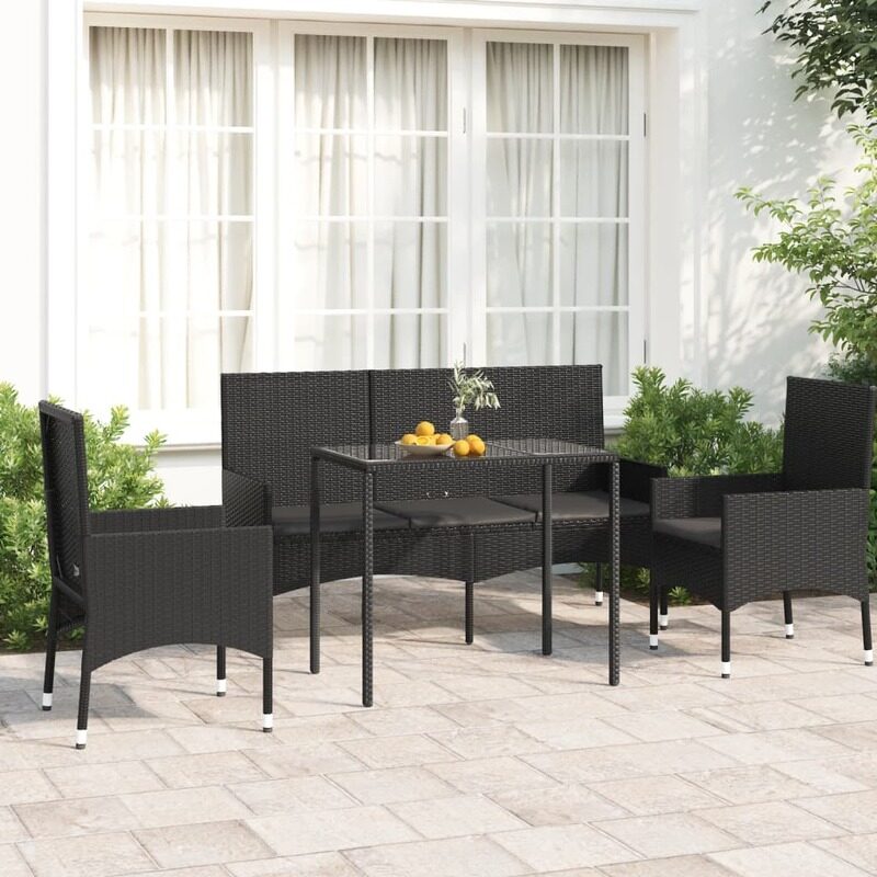 vidaXL 4 Piece Garden Lounge Set with Cushions Black Poly Rattan