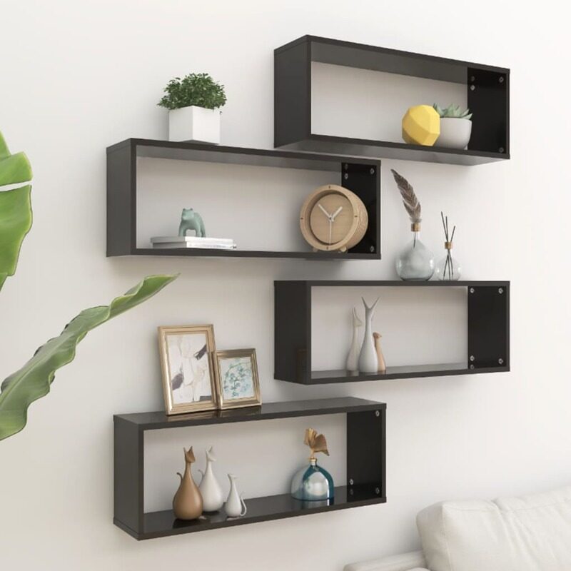 vidaXL Wall Cube Shelf 4 pcs Black 60x15x23 cm Engineered Wood