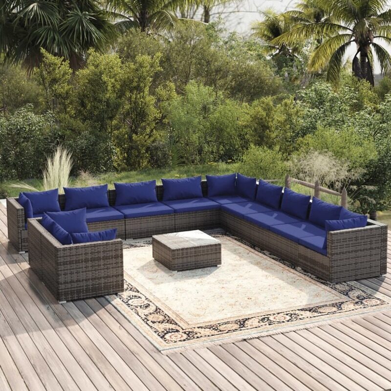 vidaXL 12 Piece Garden Lounge Set with Cushions Grey Poly Rattan