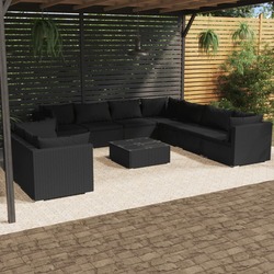 vidaXL 10 Piece Garden Lounge Set with Cushions Black Poly Rattan