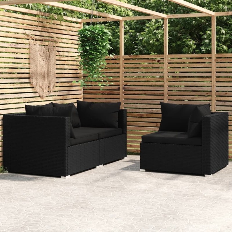 

vidaXL 3 Piece Garden Lounge Set with Cushions Black Poly Rattan