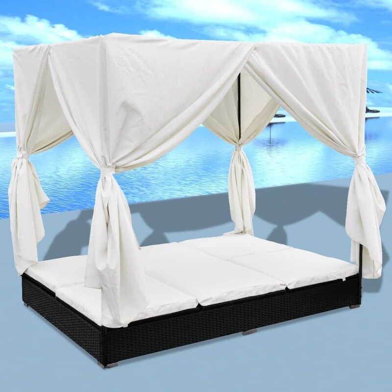 

vidaXL Outdoor Lounge Bed with Curtains Poly Rattan Black