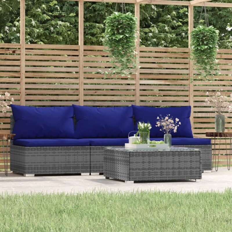 

vidaXL 4 Piece Garden Lounge Set with Cushions Grey Poly Rattan