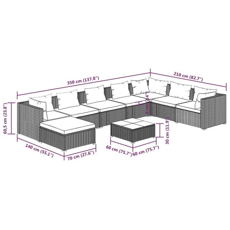 vidaXL 9 Piece Garden Lounge Set with Cushions Poly Rattan Grey