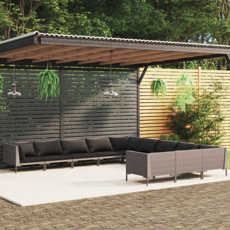 vidaXL 11 Piece Garden Lounge Set with Cushions Poly Rattan Dark Grey