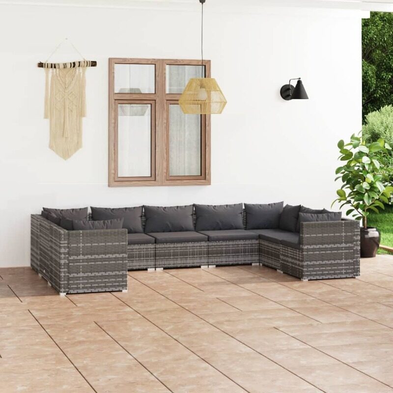 vidaXL 9 Piece Garden Lounge Set with Cushions Poly Rattan Grey